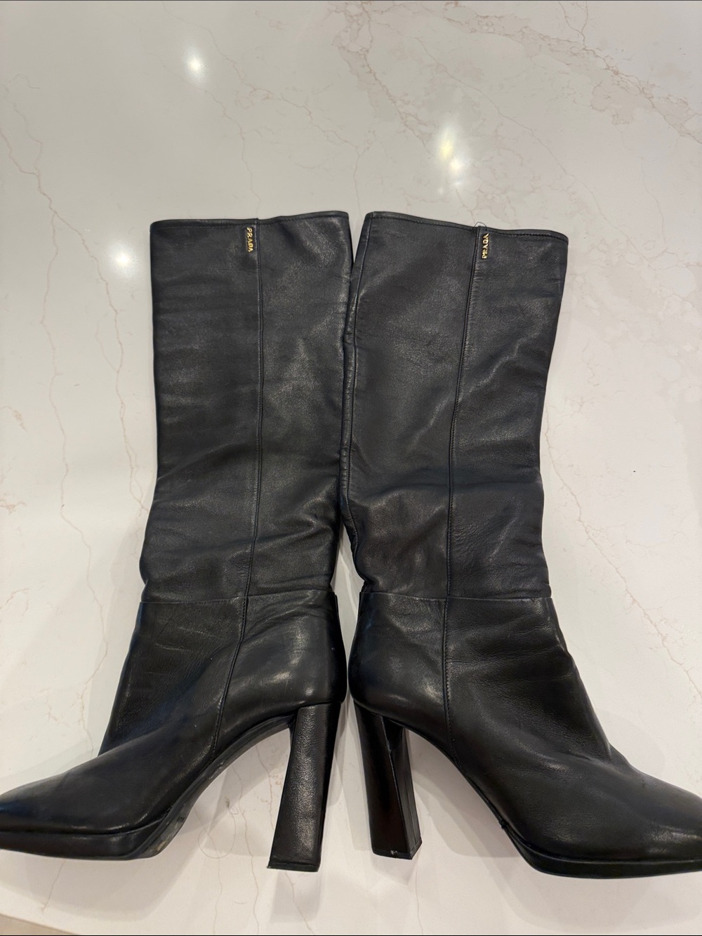 Prada Black Leather Mid-Calf Heeled Boots